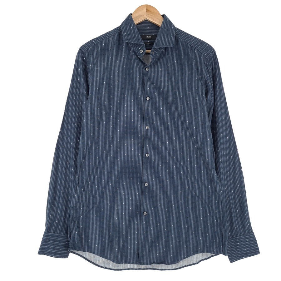 Hugo Boss Vintage męska koszula elegancka niebieski geometryczny biznesowa dopasowany krój rozmiar 40 15 3/4