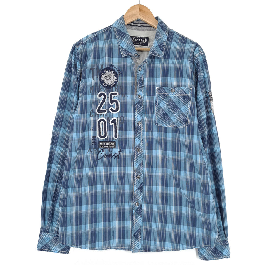 Camp David Vintage chemise homme bleu coton à carreaux boutonné décontracté quotidien taille L