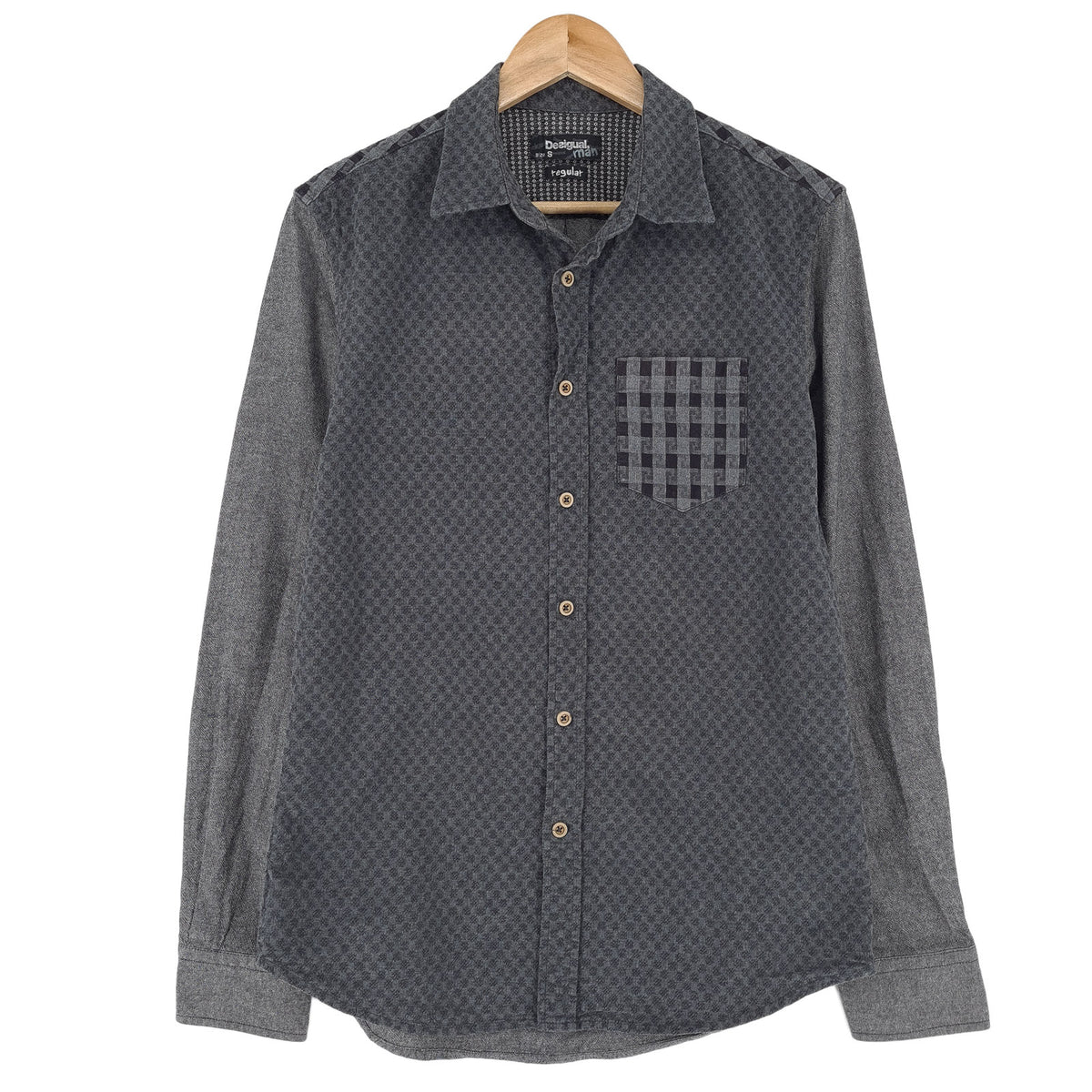 Desigual Vintage Mens Shirt Grey Geo Cotton Button Up Casual Everyday Size S, front view, image 1 of 8