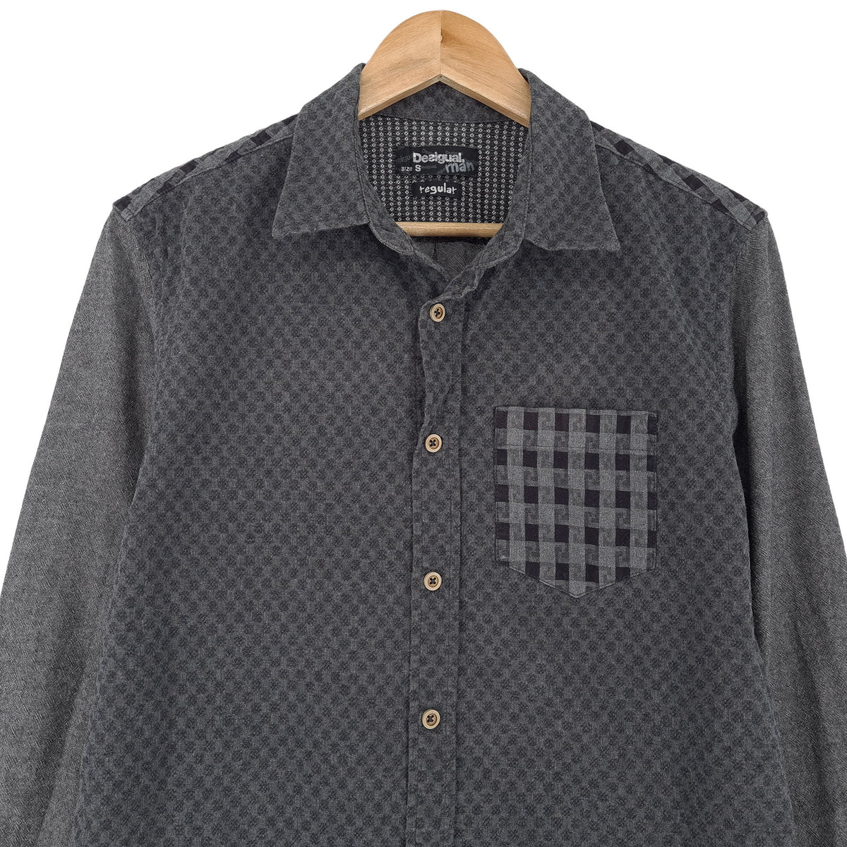 Desigual Vintage Mens Shirt Grey Geo Cotton Button Up Casual Everyday Size S, back view, image 2 of 8