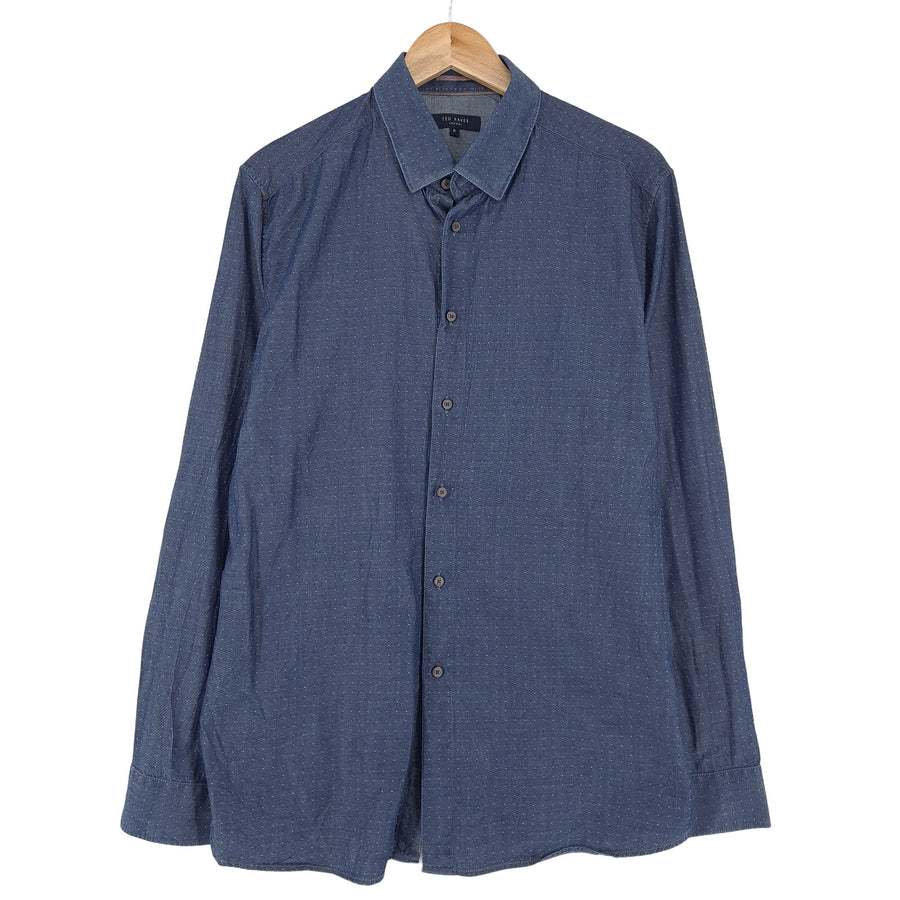 Ted Baker Vintage Mens Shirt Blue Polka Cotton Button Up Casual Everyday Size XL