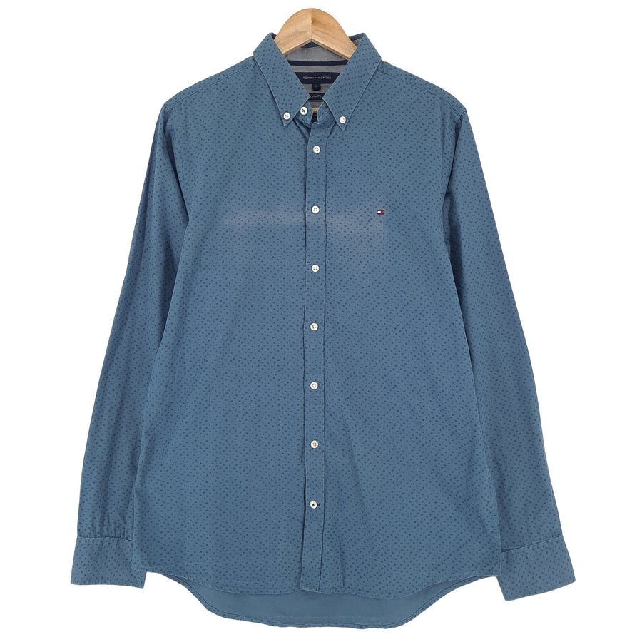 Tommy Hilfiger Vintage chemise homme bleu géométrique boutonné coupe slim décontracté taille L