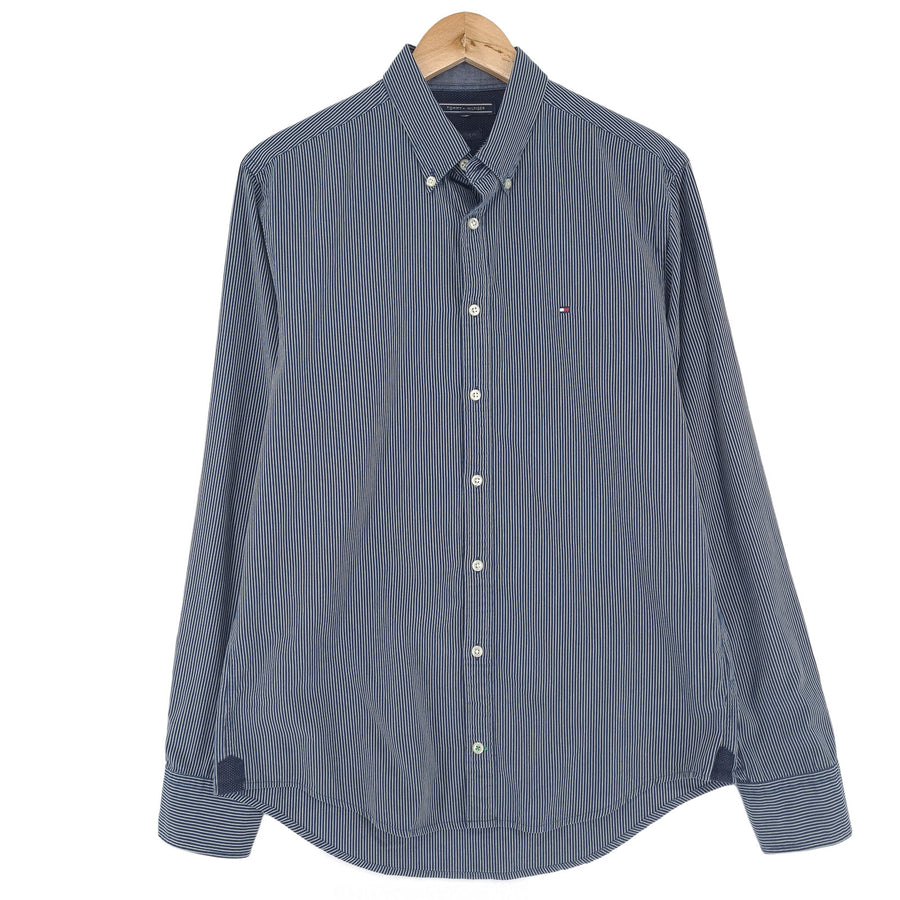 Tommy Hilfiger Vintage Herrenhemd blau gestreift mit Knopfleiste Freizeit Alltag Größe S