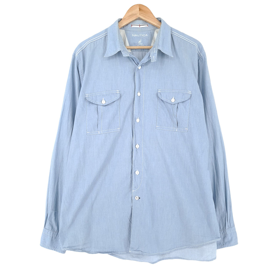 Nautica Vintage chemise homme coton bleu boutonné à manches longues coupe classique taille L