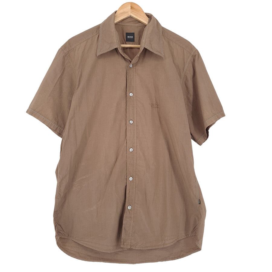 Hugo Boss Vintage chemise homme marron boutonné à manches courtes coupe classique taille L