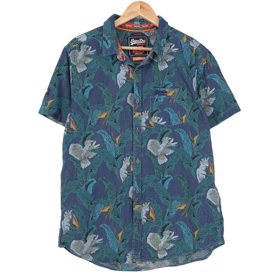 Superdry Homme denim chemise Floral coton boutonné à manches courtes taille XL