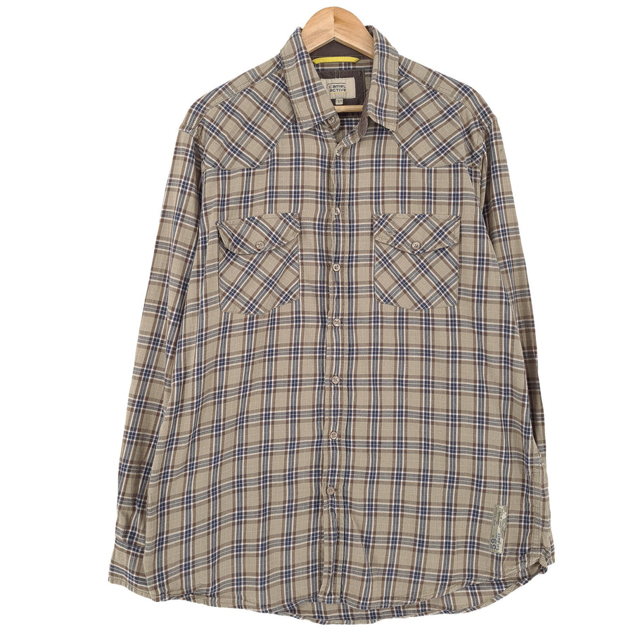 Camel Active Vintage chemise homme Beige à carreaux coton boutonné à manches longues taille L