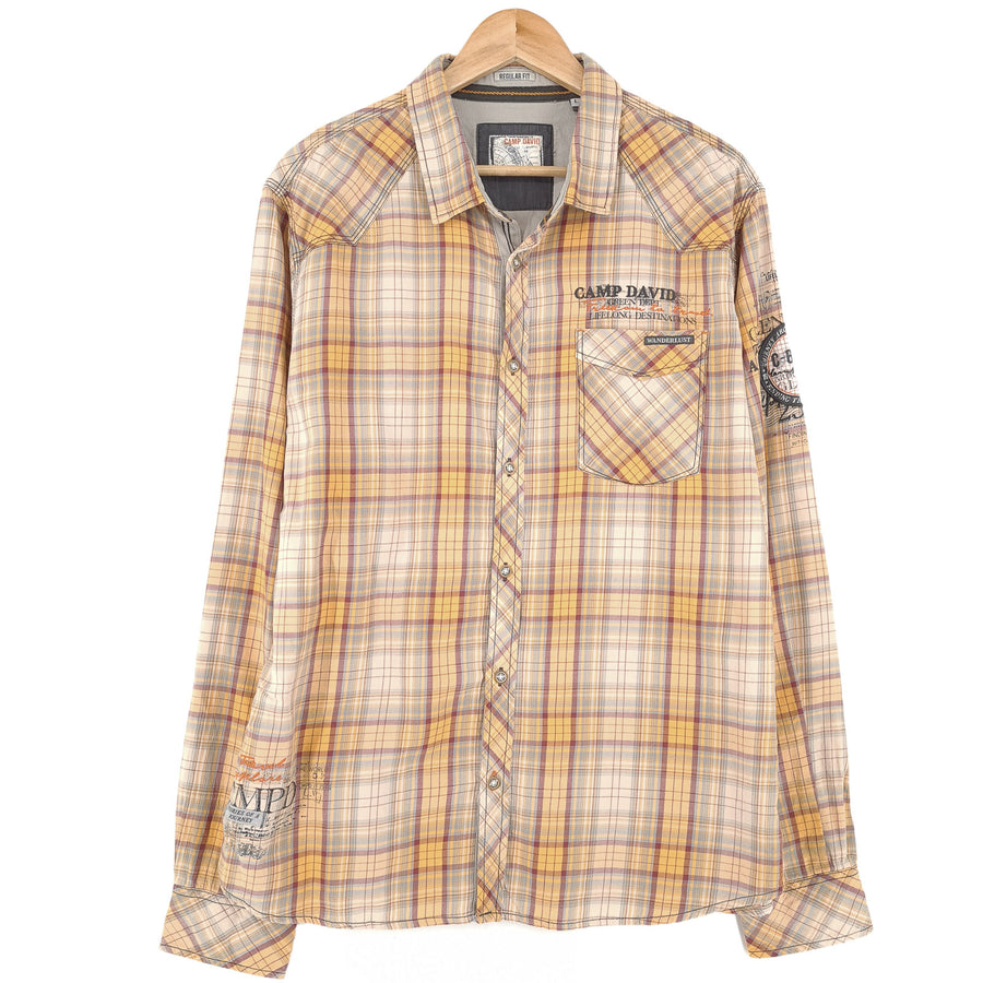 Camp David Vintage chemise homme Yellow à carreaux boutonné à manches longues coupe classique taille L