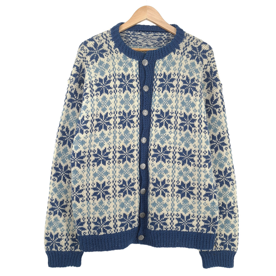 Vintage Nordic motif Fair Isle gilet bleu Round Neck pull maille Femme taille XL