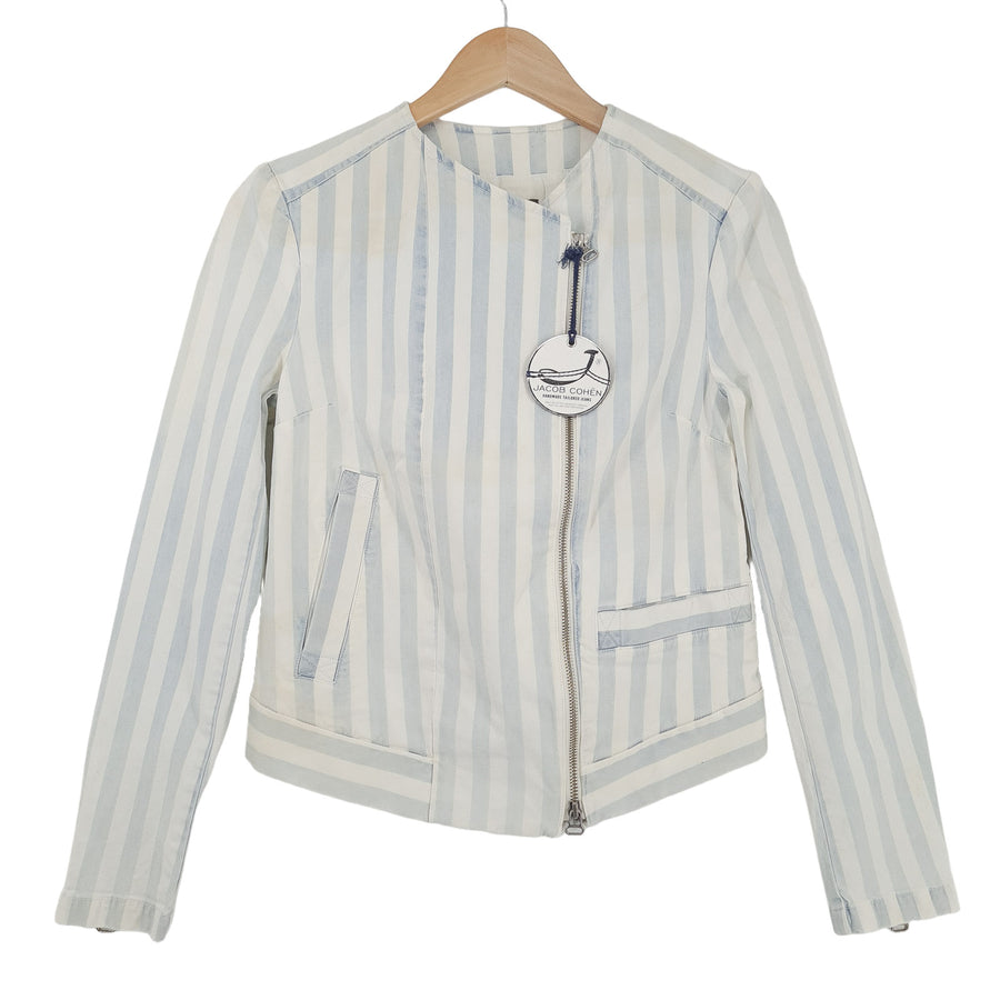 Jacob Cohen Womens Biker Jacket Cotton Striped Blue Full Zip Size 40