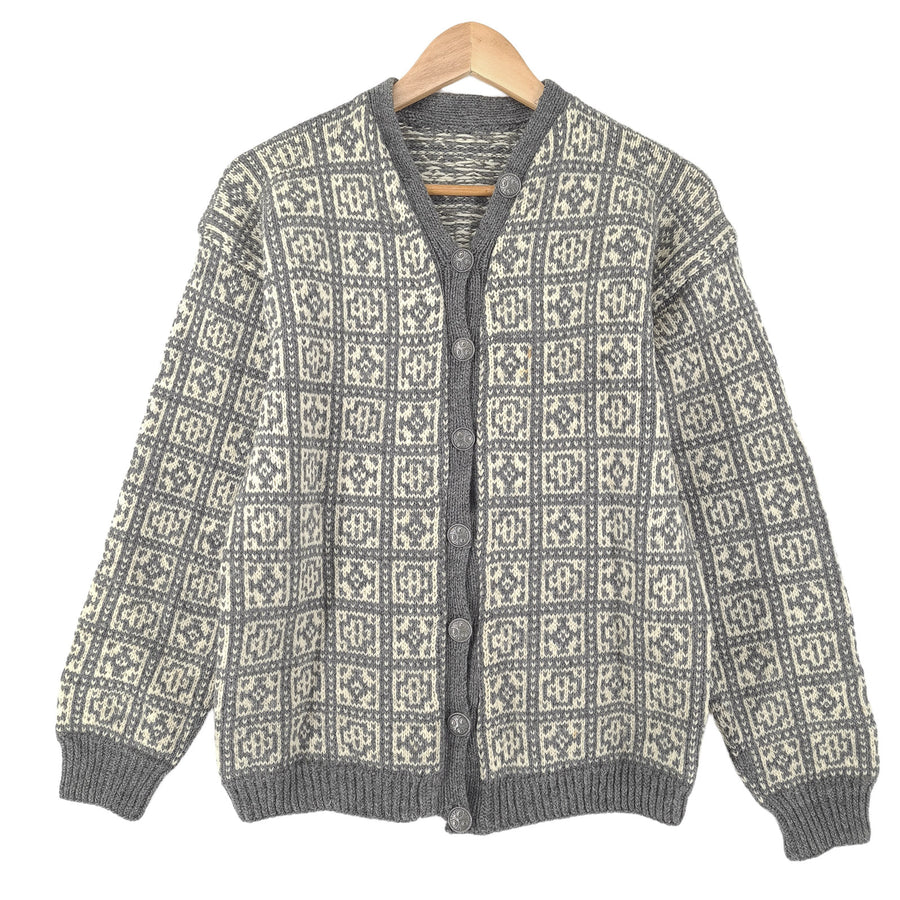 Vintage Nordic Fair Isle Cardigan Grey V-Neck Sweater Knit Women Size M