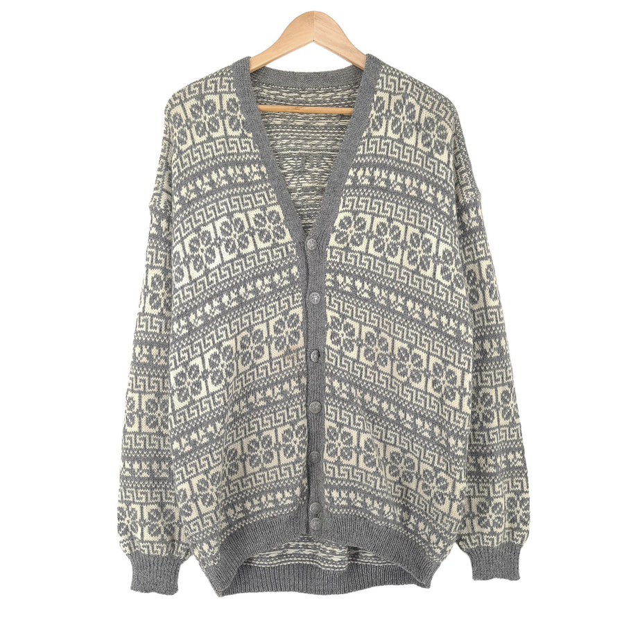 Vintage Nordic Fair Isle Cardigan Grey V-Neck Sweater Knit Men Size XL