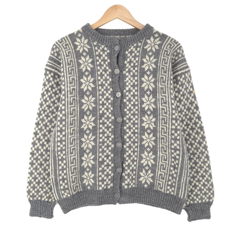 Vintage Nordic Fair Isle Cardigan Grey Crew Neck Sweater Knit Women Size M
