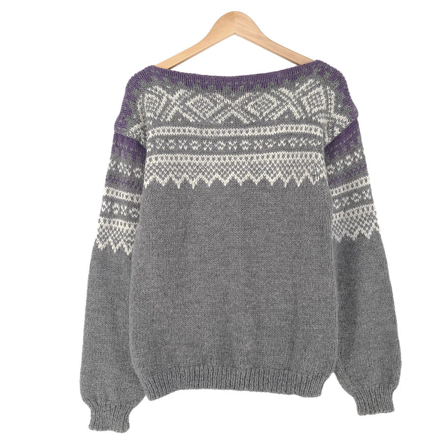 Vintage Nordic Fair Isle Jumper Grey Round Neck Sweater Knit Women Size M