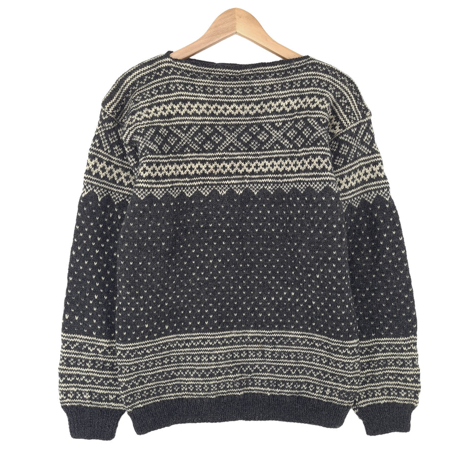Vintage Nordic Fair Isle Jumper Grey Round Neck Sweater Knit Women Size M