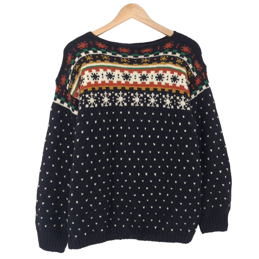 Vintage Nordic motif Fair Isle pull noir Round Neck pull maille Femme taille M