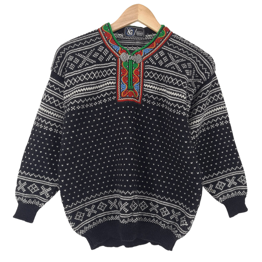 Vintage Nordic motif Fair Isle pull Round Neck pull maille Femme taille 2XS