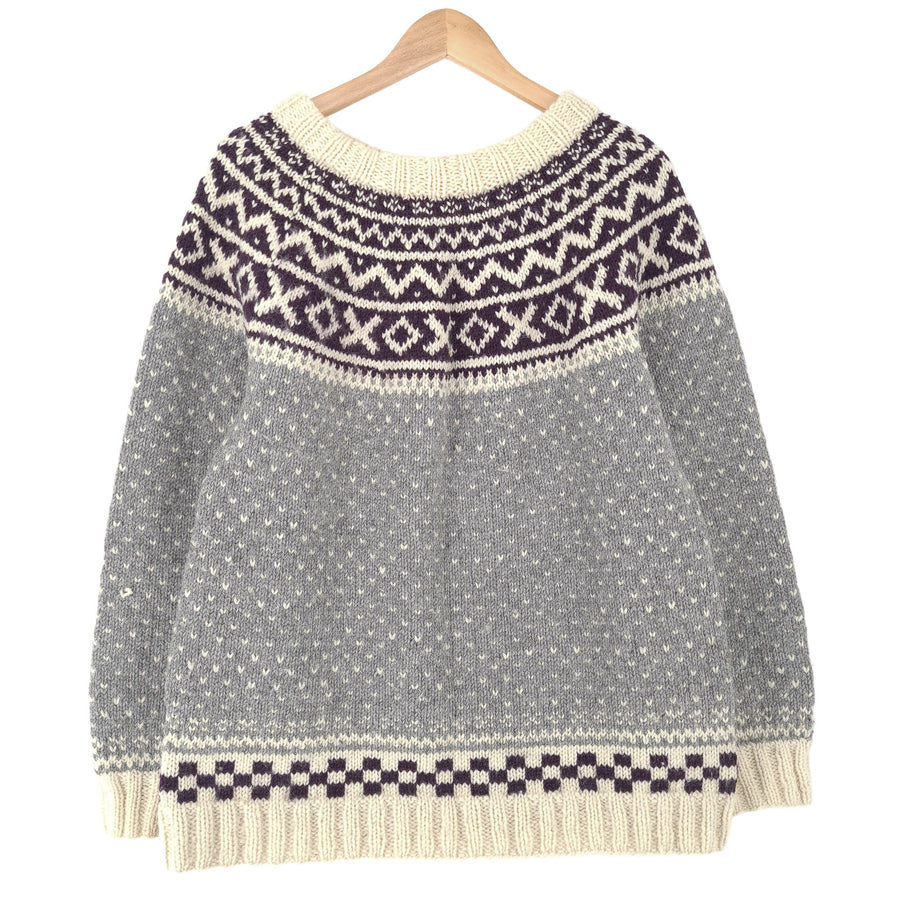 Vintage Nordic motif Fair Isle pull gris col rond pull maille Femme taille XL