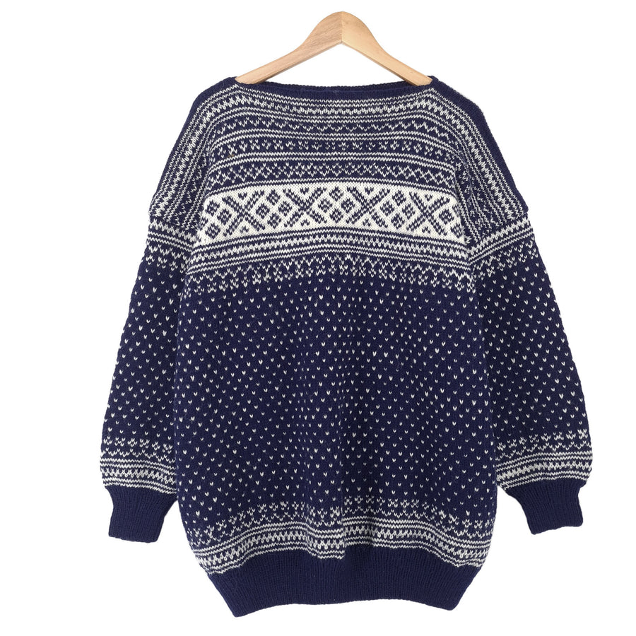 Vintage Nordic motif Fair Isle pull bleu Round Neck pull maille Femme taille 3XL