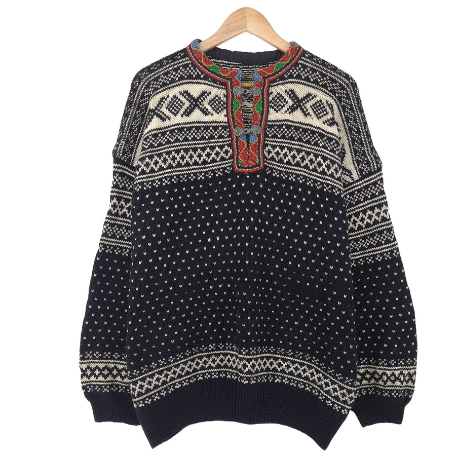 Vintage Nordic motif Fair Isle pull noir Round Neck pull maille Homme taille 3XL