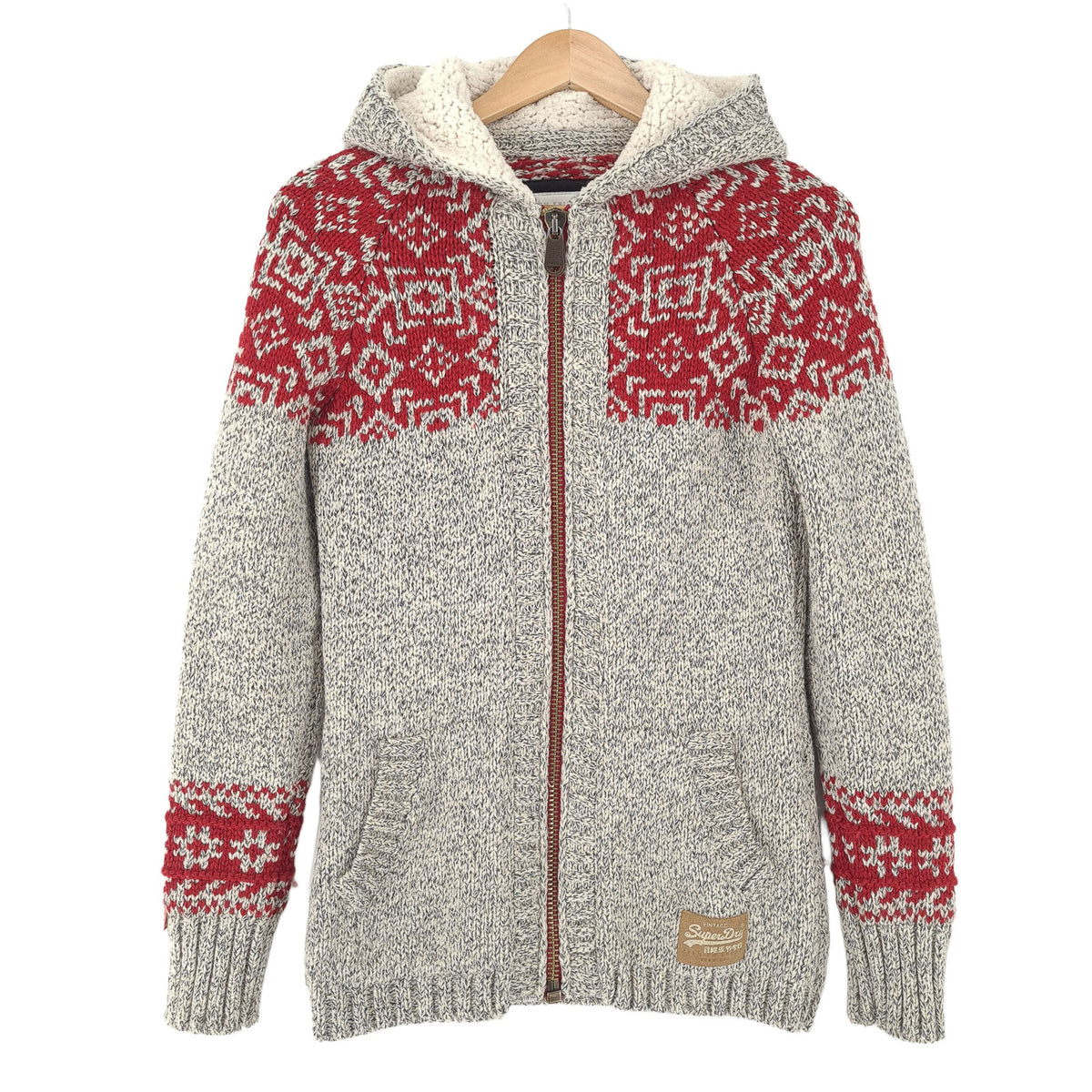 Superdry Vintage Full Zip Hoodie Wool Fair Isle Sweatshirt Women Size M, front view, image 1 of 6