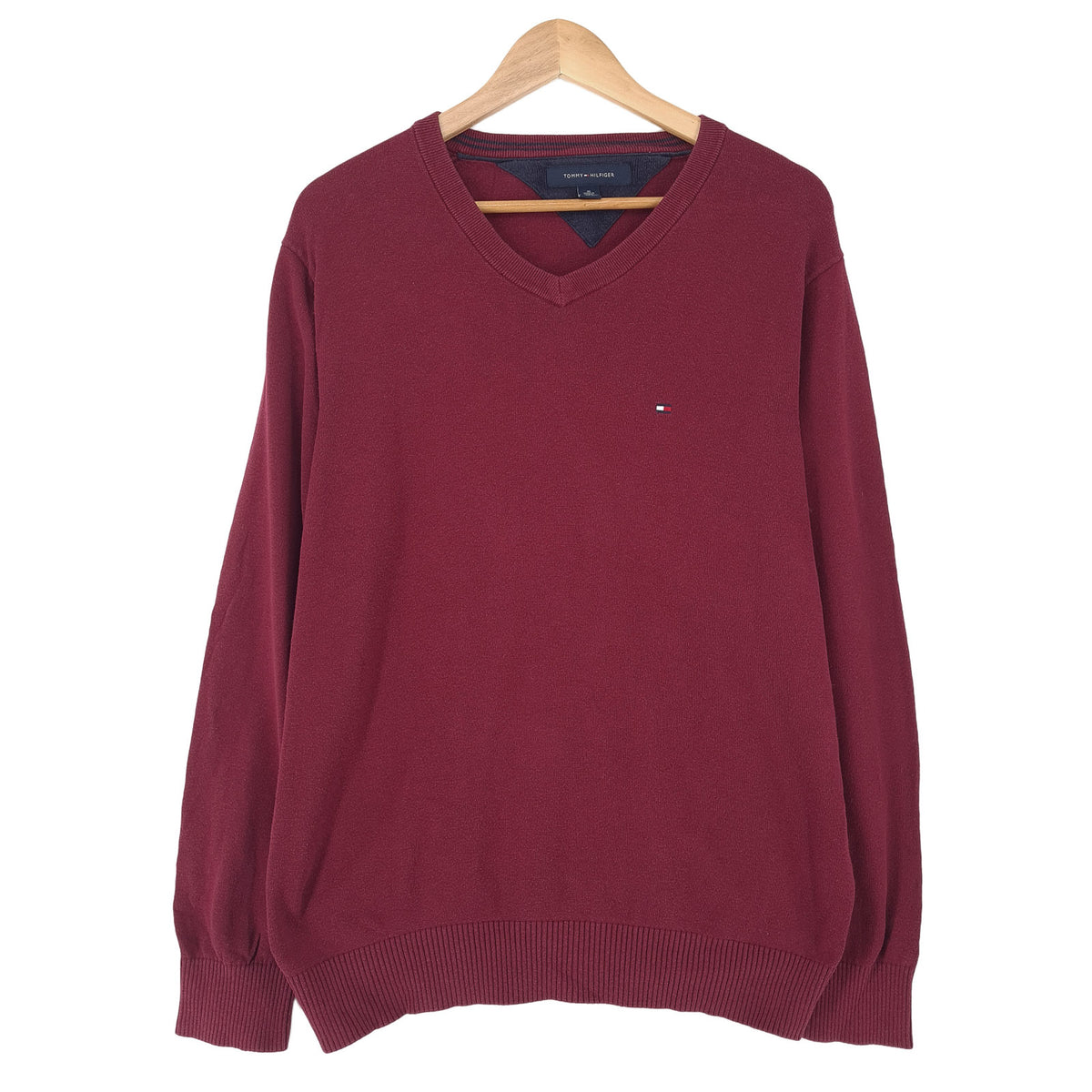 Tommy Hilfiger Vintage Mens Jumper Sweater Cotton Burgundy V-Neck Pullover Size M, front view, image 1 of 7