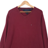 Tommy Hilfiger Vintage Mens Jumper Sweater Cotton Burgundy V-Neck Pullover Size M, back view, image 2 of 7