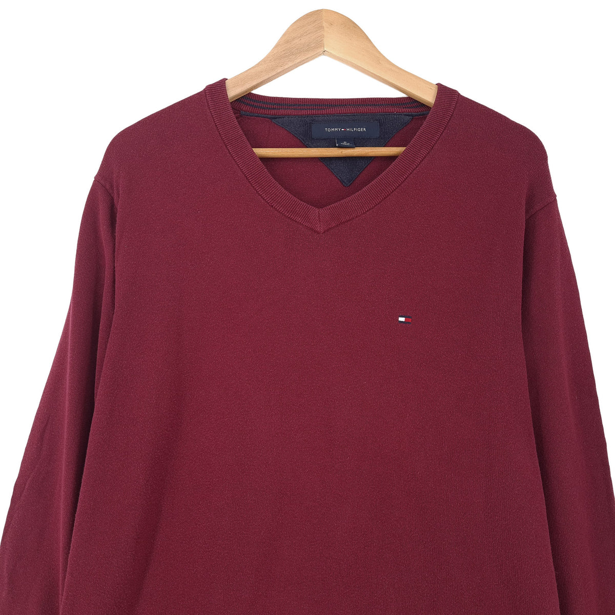 Tommy Hilfiger Vintage Mens Jumper Sweater Cotton Burgundy V-Neck Pullover Size M, back view, image 2 of 7