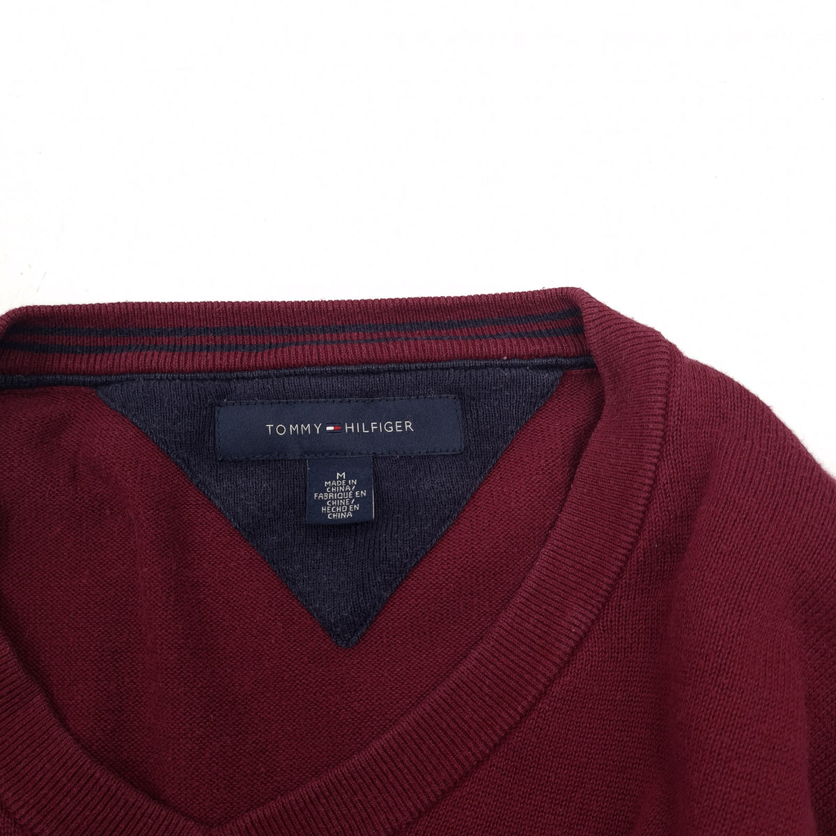 Tommy Hilfiger Vintage Mens Jumper Sweater Cotton Burgundy V-Neck Pullover Size M, detail view 2, image 4 of 7