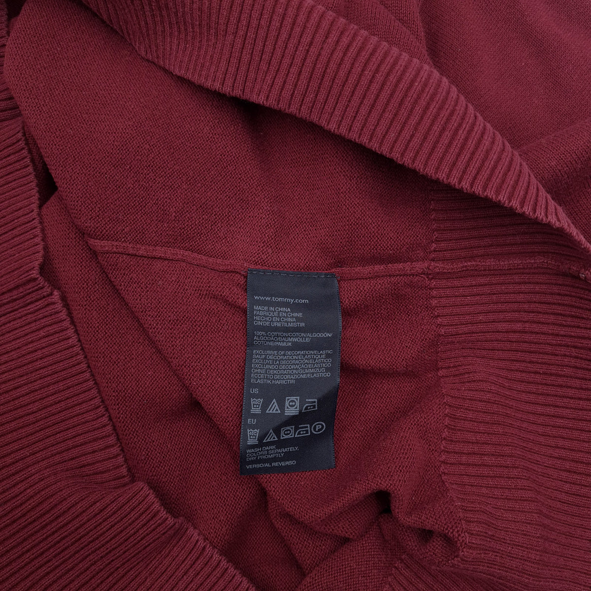 Tommy Hilfiger Vintage Mens Jumper Sweater Cotton Burgundy V-Neck Pullover Size M, detail view 4, image 6 of 7