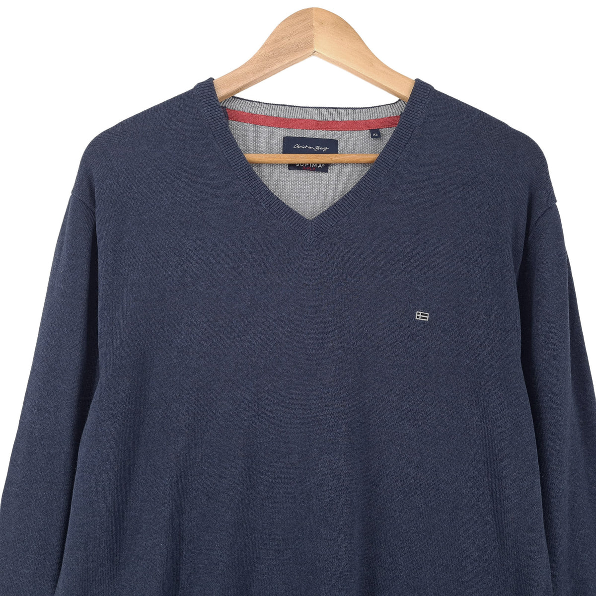Christian Berg Mens Jumper Sweater Cotton Blue V-Neck Pullover Knit Size XL, back view, image 2 of 8