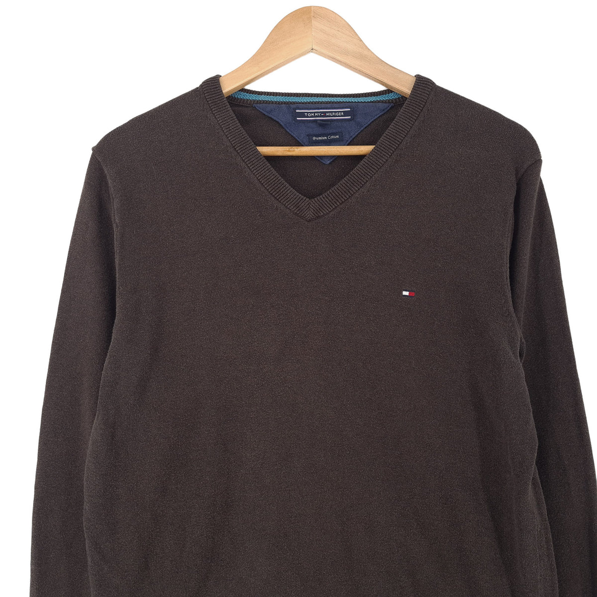 Tommy Hilfiger Vintage Mens Jumper Sweater Cotton Brown V-Neck Pullover Knit Size S, back view, image 2 of 7