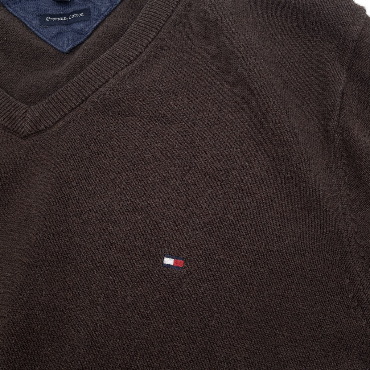 Tommy Hilfiger Vintage Mens Jumper Sweater Cotton Brown V-Neck Pullover Knit Size S, detail view 3, image 5 of 7
