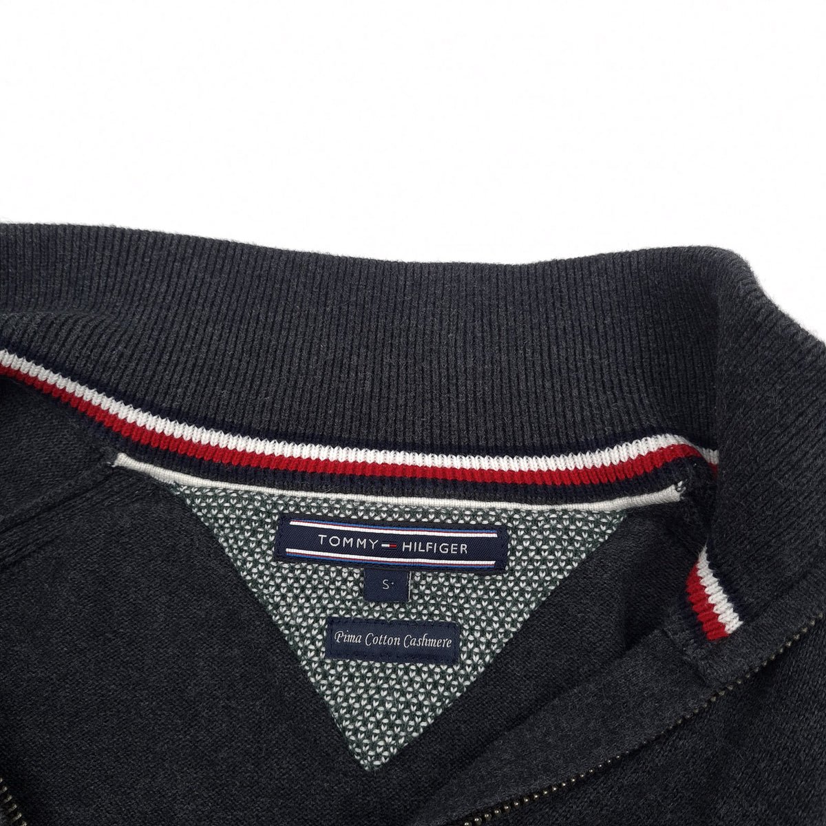 Tommy Hilfiger Vintage Mens Full Zip Sweater Cotton Cashmere Grey High Neck Size S, detail view 2, image 4 of 8