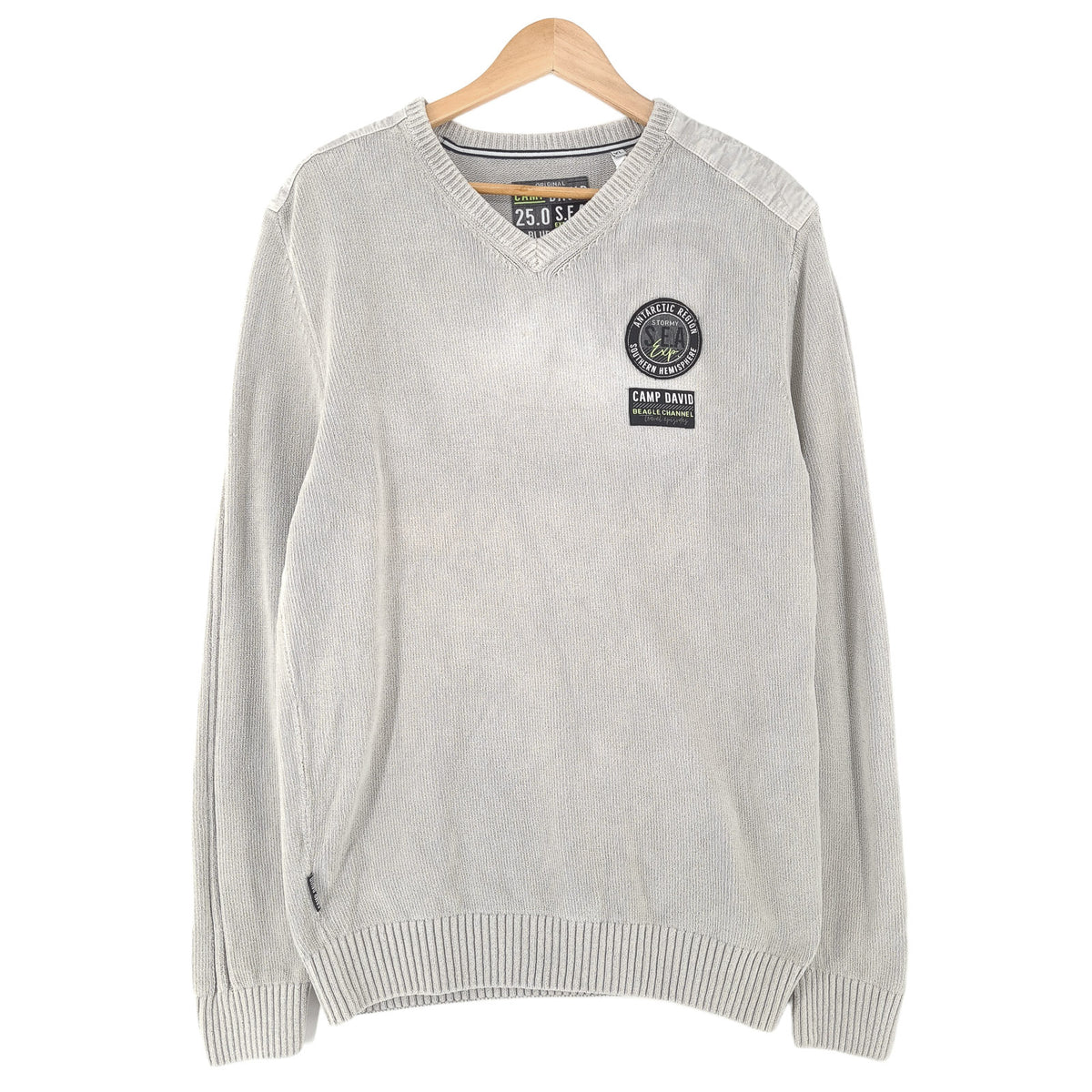 Camp David Vintage Mens Jumper Sweater Cotton Grey V-Neck Pullover Knit Size XL, front view, image 1 of 7