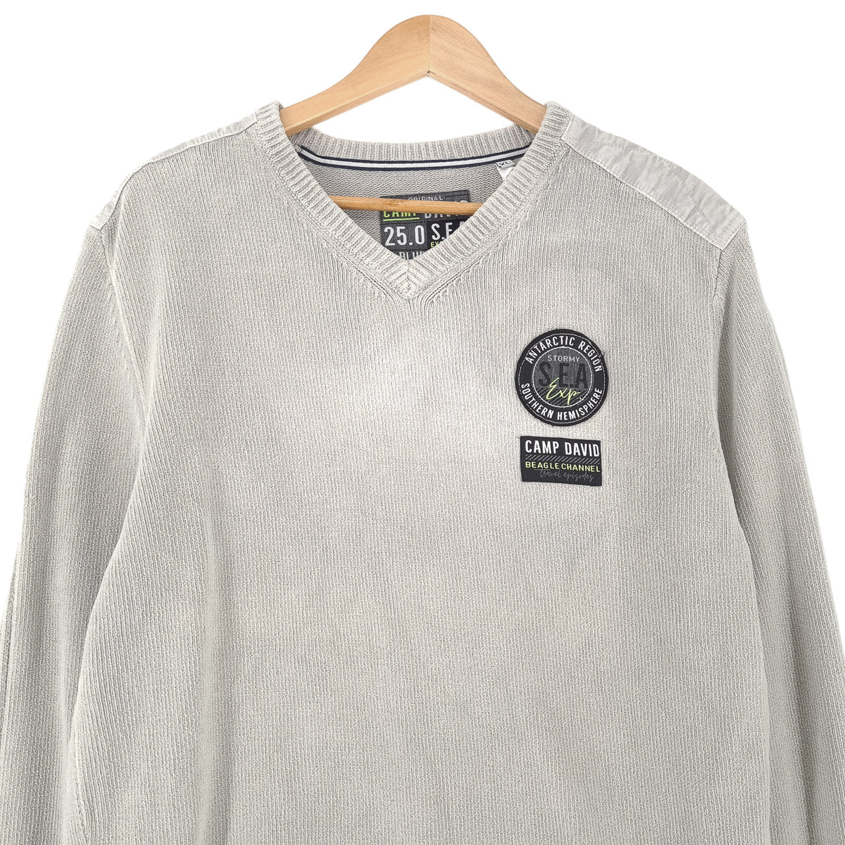 Camp David Vintage Mens Jumper Sweater Cotton Grey V-Neck Pullover Knit Size XL, back view, image 2 of 7