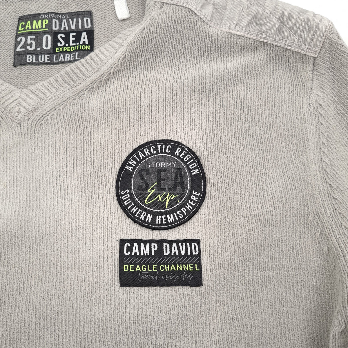 Camp David Vintage Mens Jumper Sweater Cotton Grey V-Neck Pullover Knit Size XL, detail view 3, image 5 of 7