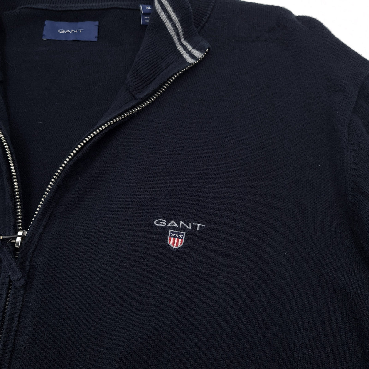 Gant Mens Full Zip Sweater Cotton Blue High Neck Jumper Knit Size XL, detail view 4, image 6 of 8