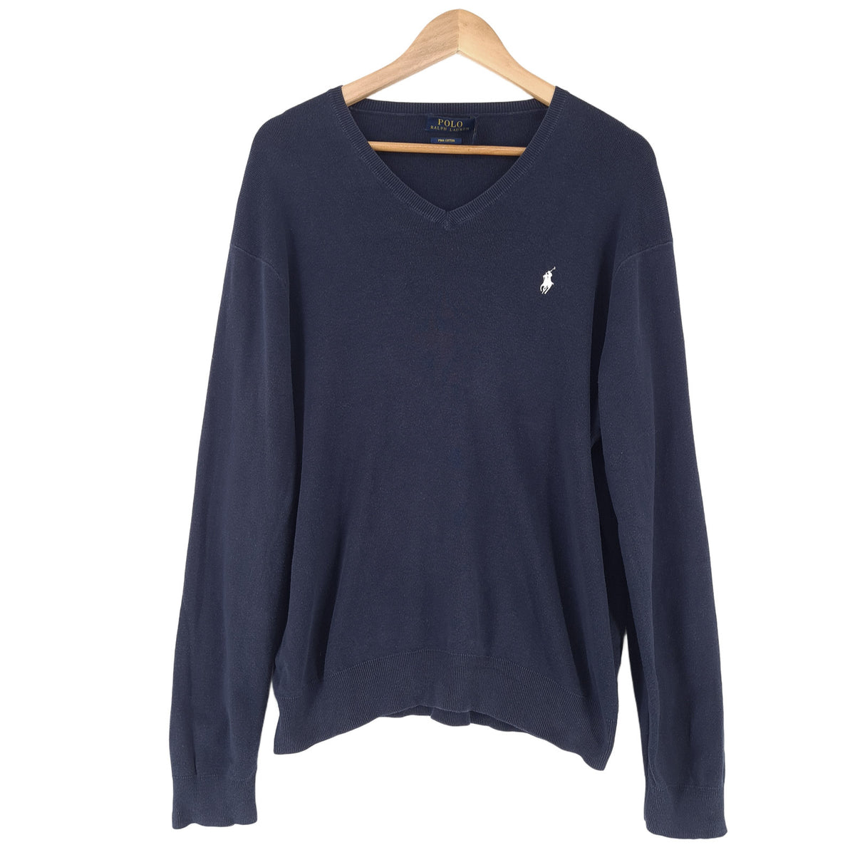 Polo Ralph Lauren Vintage Mens Jumper Sweater Cotton Blue V-Neck Pullover Size, front view, image 1 of 7