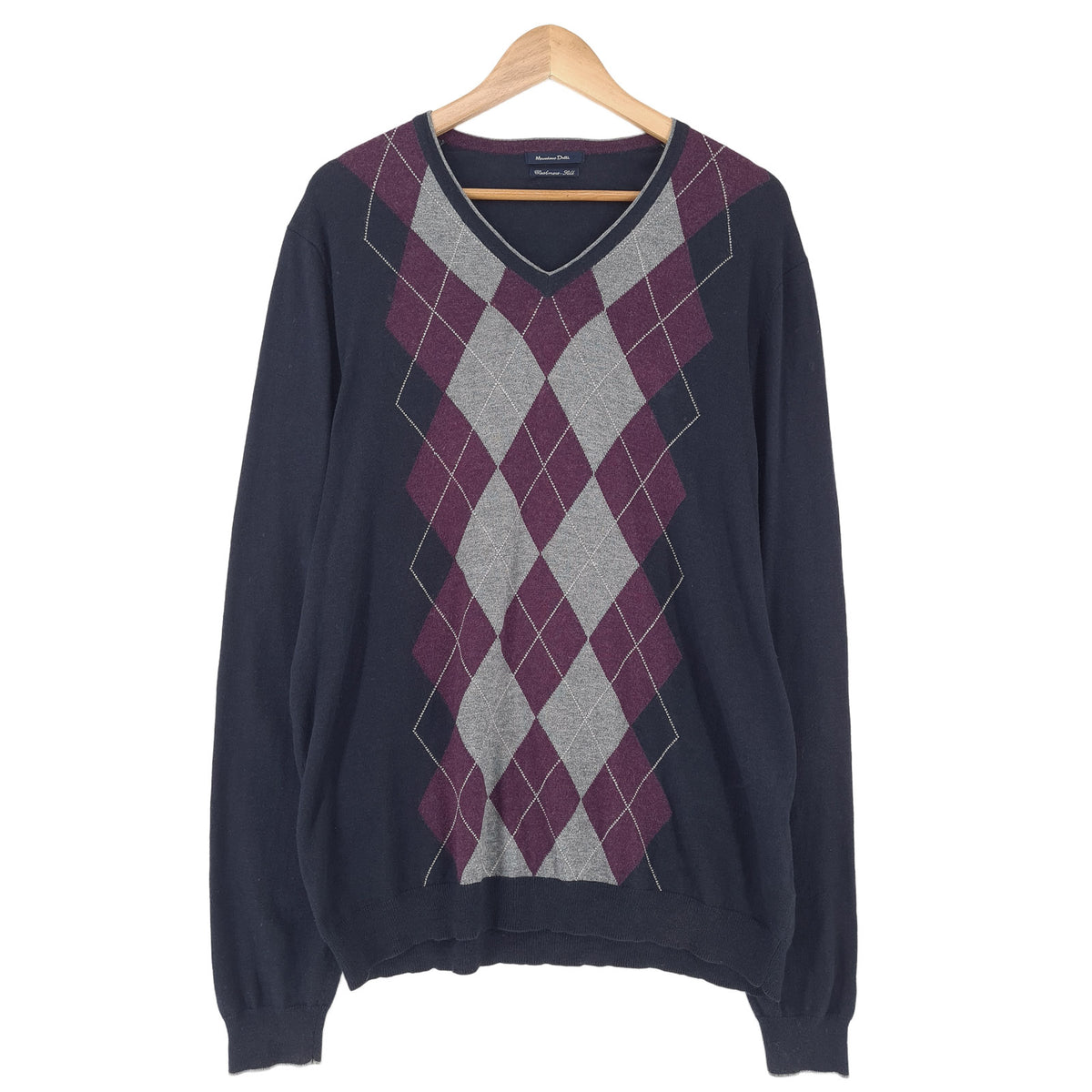 Massimo Dutti Vintage Mens Jumper Sweater Cotton Silk Cashmere Argyle Blue Size XL, front view, image 1 of 9