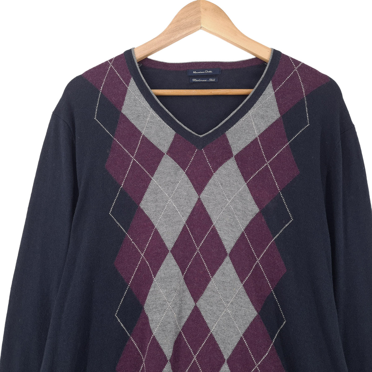 Massimo Dutti Vintage Mens Jumper Sweater Cotton Silk Cashmere Argyle Blue Size XL, back view, image 2 of 9