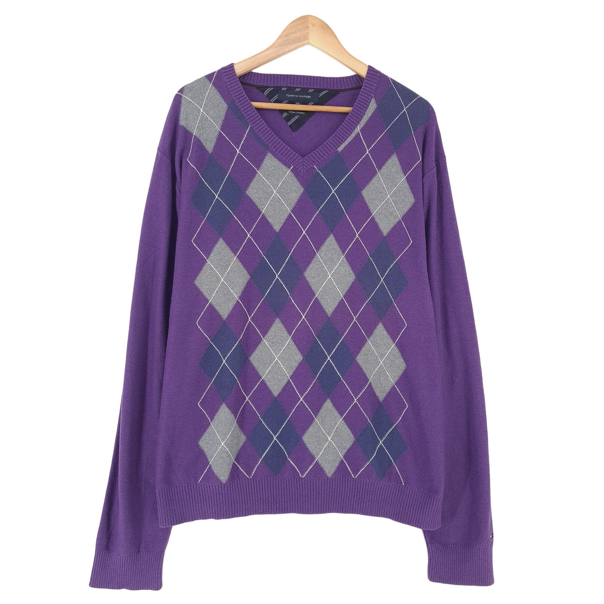 Tommy Hilfiger Vintage Mens Jumper Sweater Cotton Cashmere Argyle Purple Size 2XL, front view, image 1 of 6