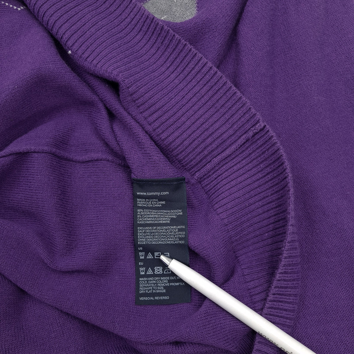 Tommy Hilfiger Vintage Mens Jumper Sweater Cotton Cashmere Argyle Purple Size 2XL, detail view 3, image 5 of 6
