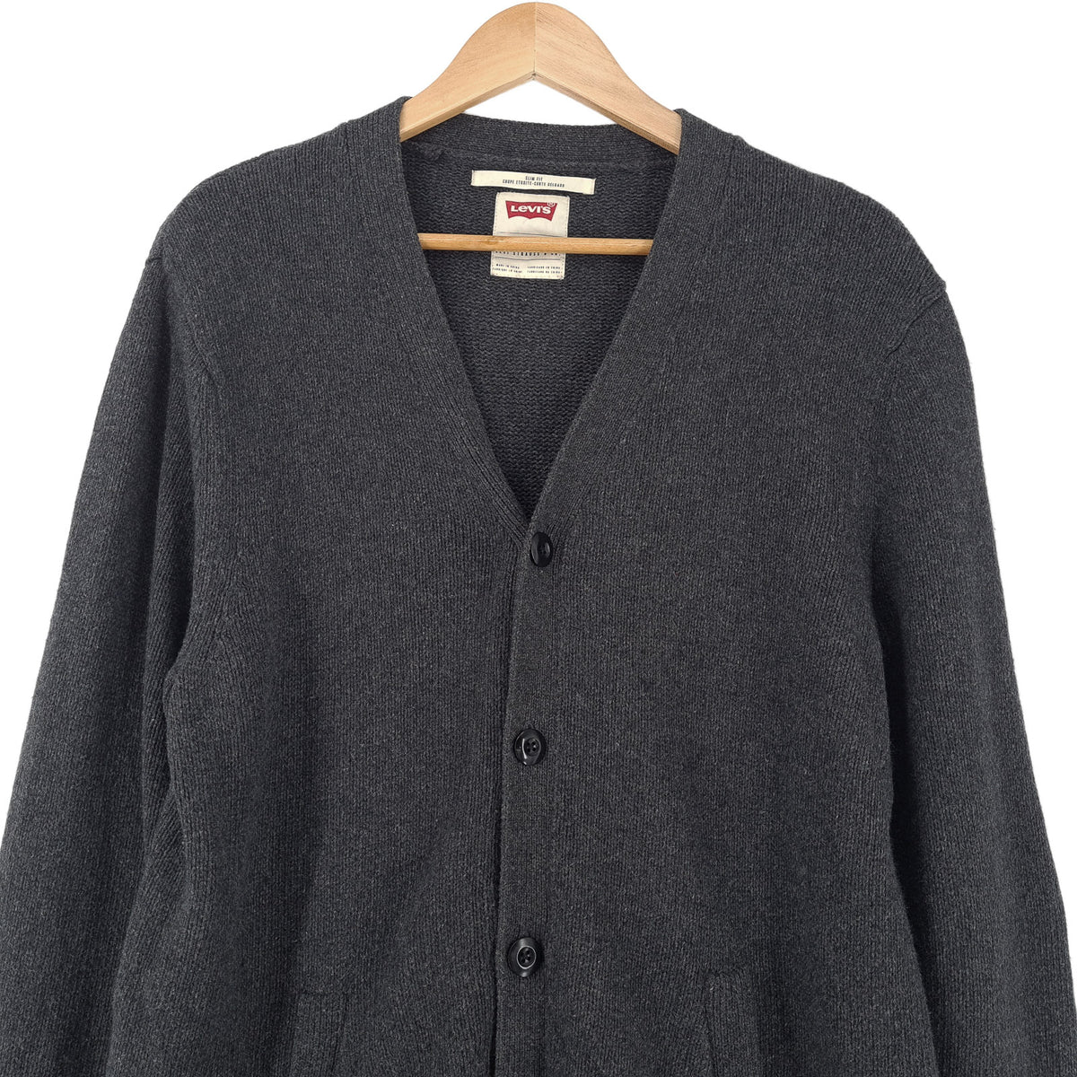 Levi's Vintage Mens Cardigan Cotton Grey V-Neck Slim Fit Sweater Knit Size XL, back view, image 2 of 6