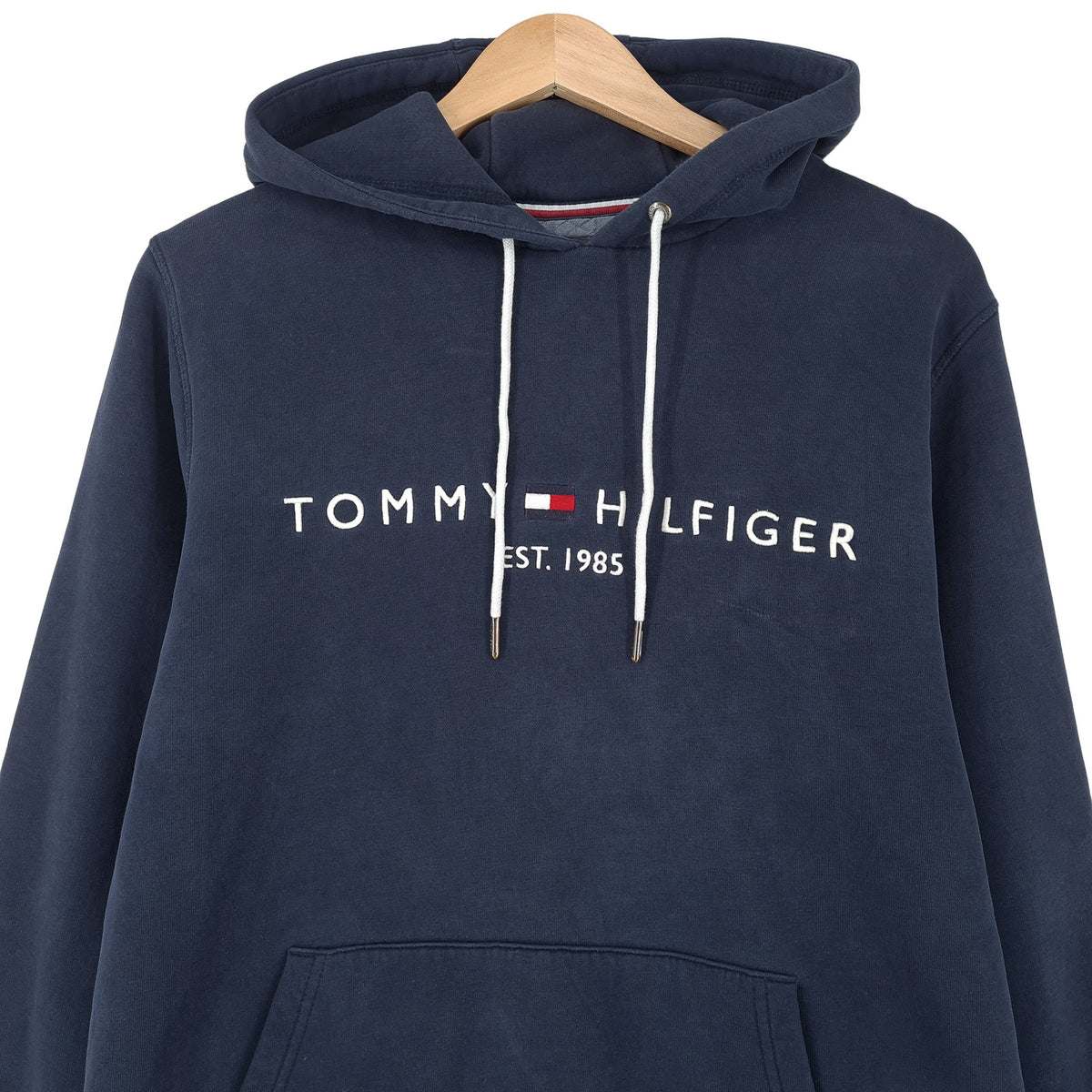 Tommy Hilfiger Vintage Mens Pullover Hoodie Cotton Blue Sweatshirt Size, back view, image 2 of 11