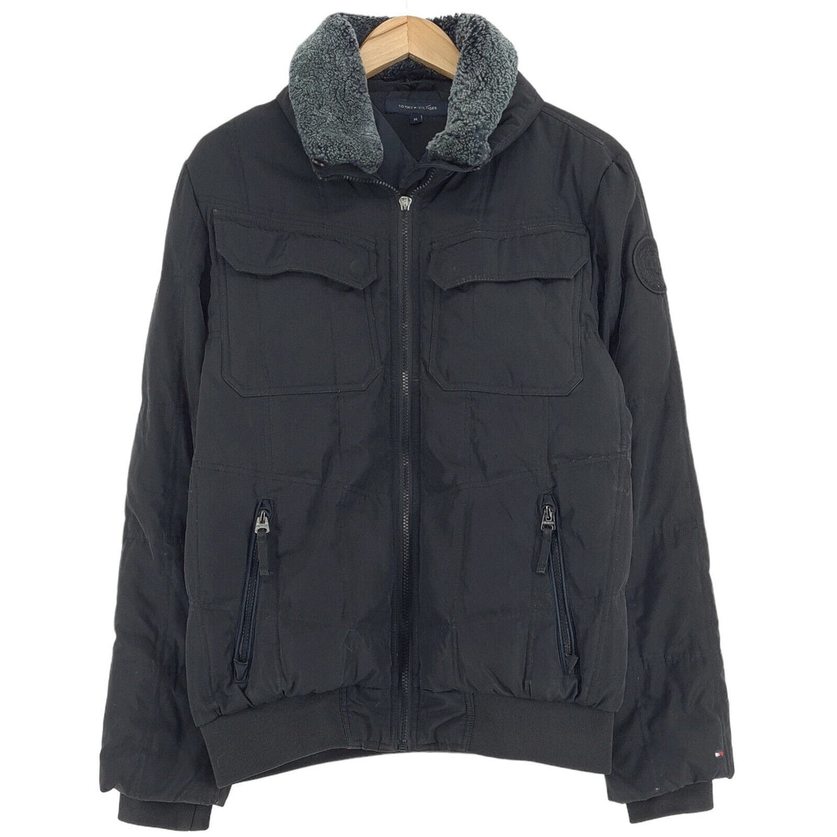 Tommy Hilfiger Black Jacket Faux Fur Collar Casual Mens Size M Medium, front view, image 1 of 7