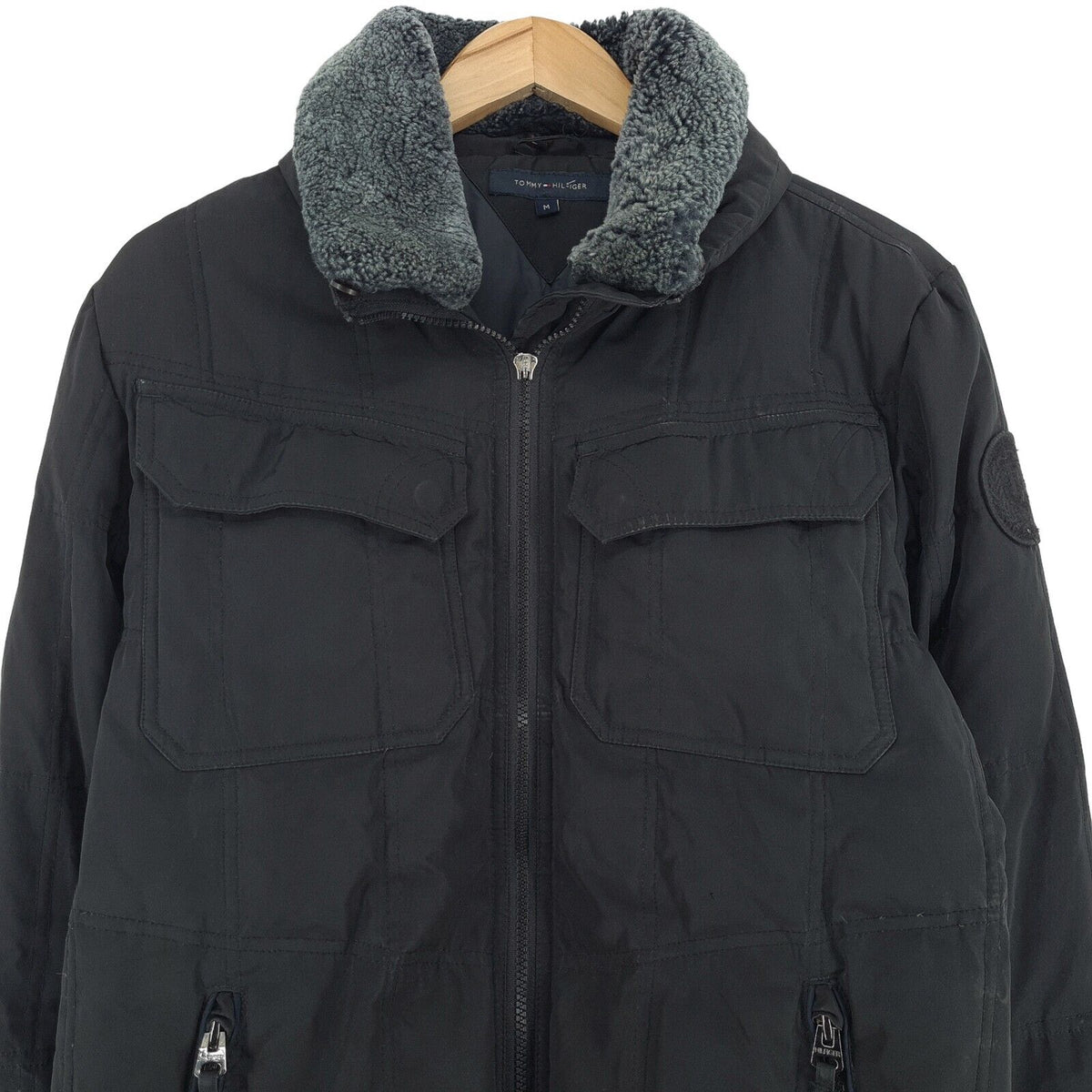 Tommy Hilfiger Black Jacket Faux Fur Collar Casual Mens Size M Medium, detail view 1, image 3 of 7